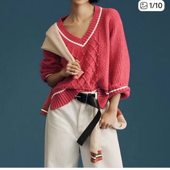 Anthropologie Maeve Sweater The Tillie V-Neck Cable Knit Pullover in Berry Pink - Picture 7 of 14